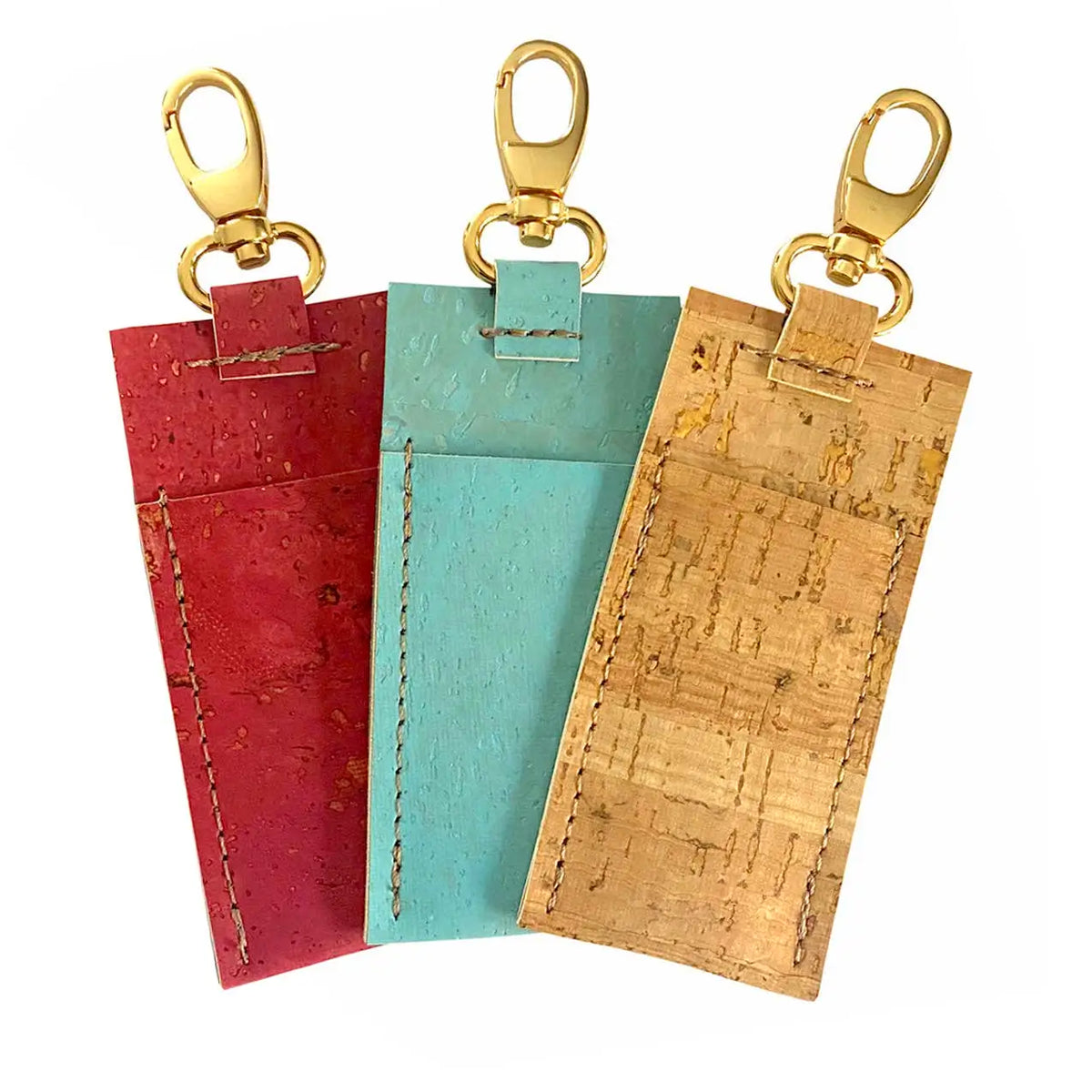 Lip Balm Holders shown in Red, Tan and Blue