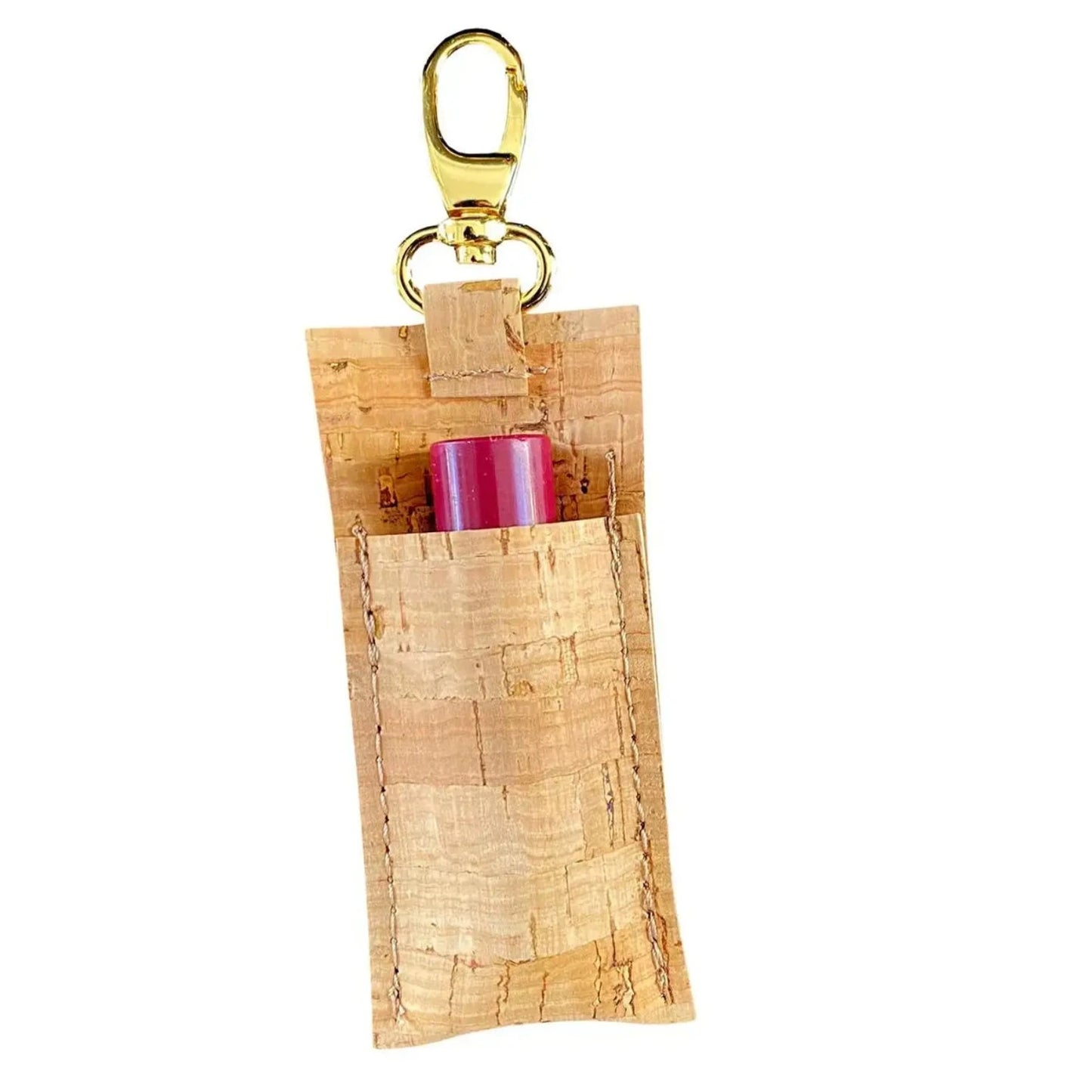 Lip Balm Holder Key Chain in Tan Cork with Gold Color Key Clip