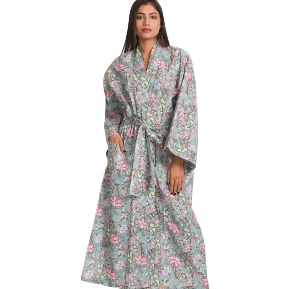 Silver Robe Hprints Long Kimono Robe in Silver & Pink Boho Floral Print on 100% Cotton ...