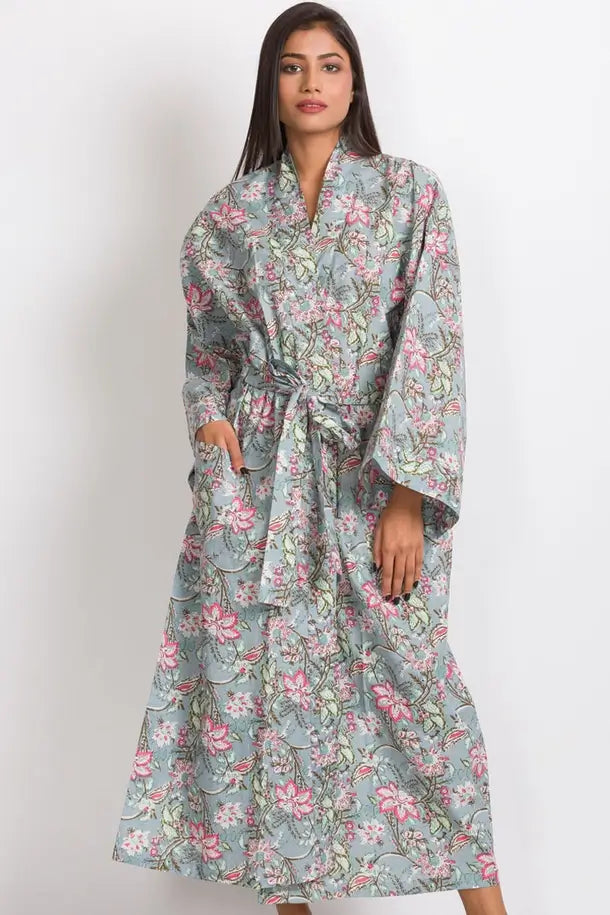 long sleeve floral women's kimono robe in silver pink floral print by Sevya Handmade