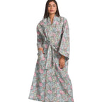Long sleeve floral women's kimono robe with pockets in silver pink floral print by Sevya Handmade.