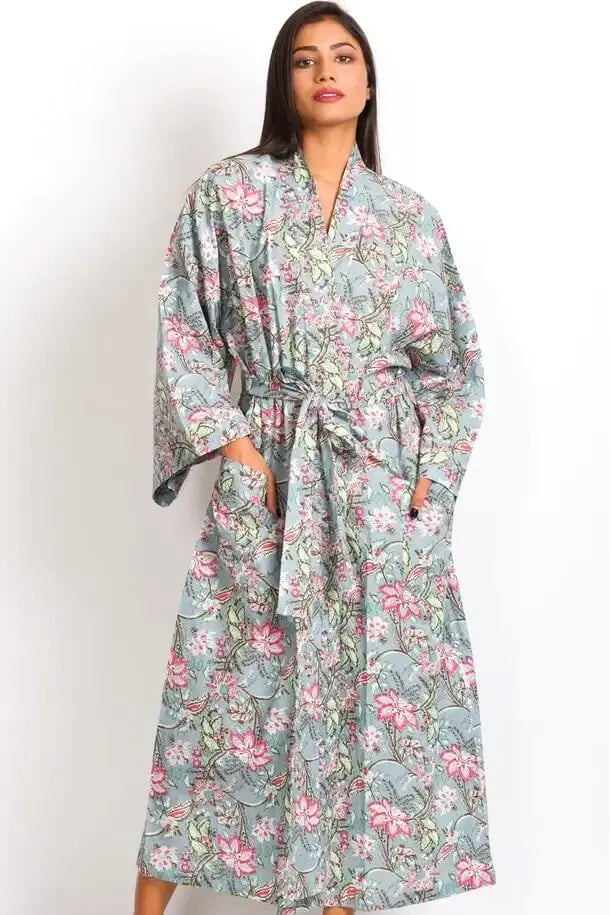long sleeve floral women's kimono robe in silver pink floral print by Sevya Handmade