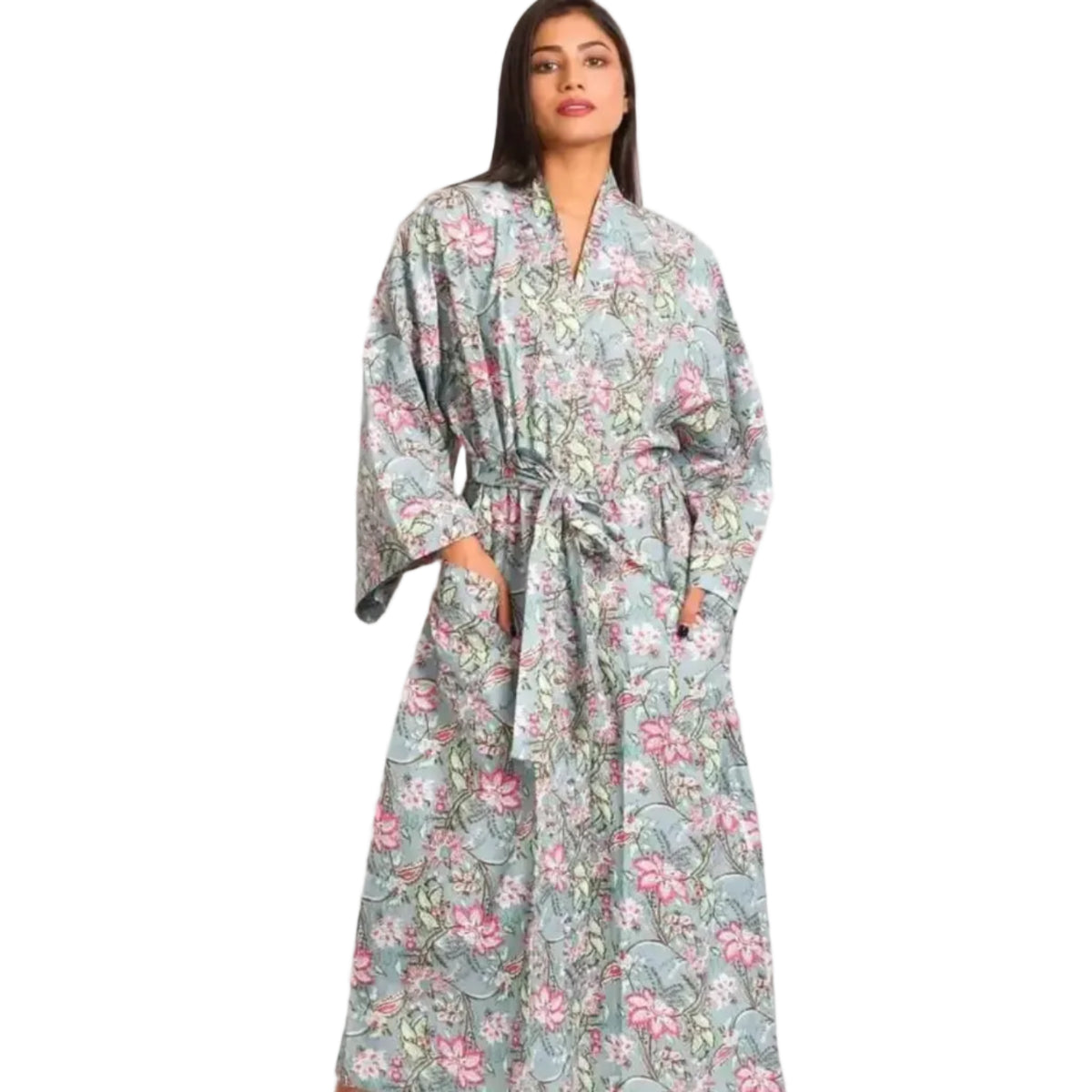 Long Silver Robe Long Kimono Robe in Silver & Pink Boho Floral Print - Sevya – Elle and ...