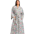 Long sleeve floral women's kimono long  robe in silver pink floral print by Sevya Handmade