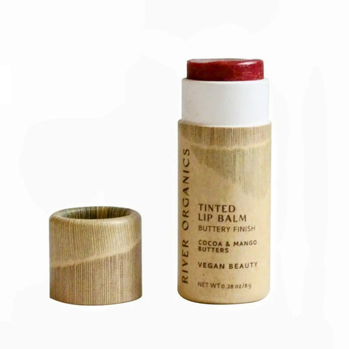 Long wearing rouge red organic tinted lip balm in plastic-free zero-waste paper tube by River Organics Makeup