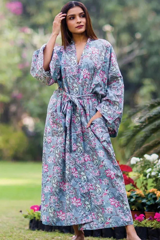 long sleeve floral women's kimono robe in silver pink floral print by Sevya Handmade