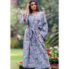 Long sleeve floral women's kimono robe in silver pink floral print by Sevya Handmade.