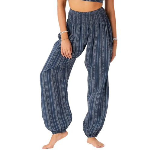 High rise pull-on boho pants, ankle length harem style in navy blue cotton with white tribal stripes from Lotus and Luna