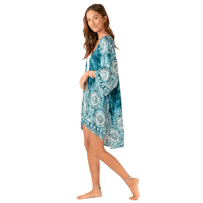 Lotus and Luna - Palmetto Point Beach Cover Up - Teal Kimono with White Mandala Print - side view