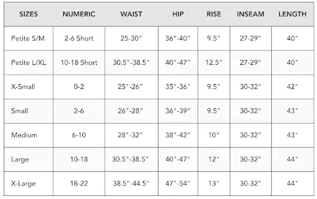Lotus and Luna Pants size chart