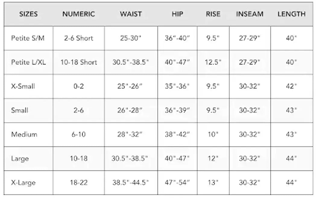 Lotus and Luna Pants size chart