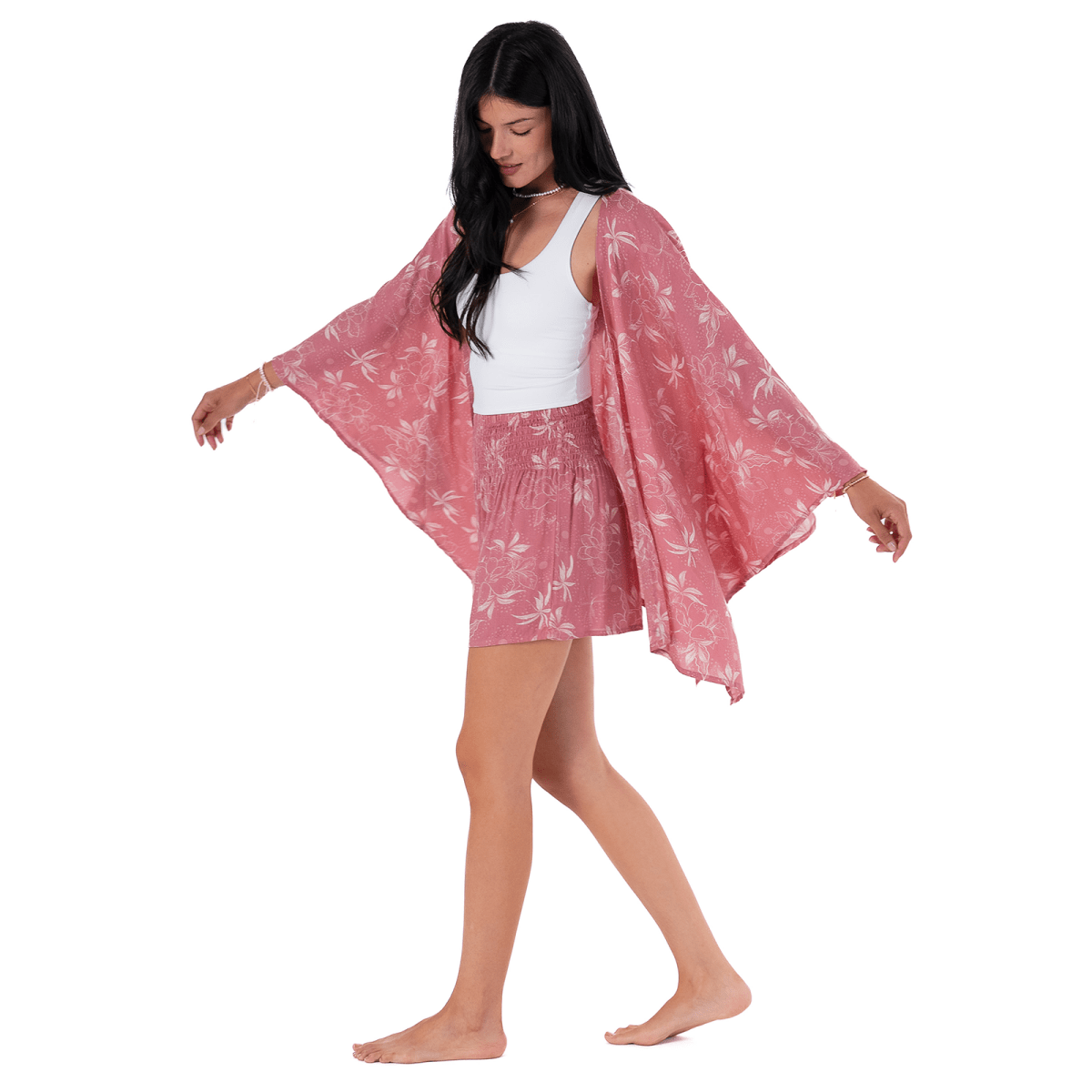 Lotus and Luna | Pomona Pink Floral Three Quarter Butterfly Sleeve Kimono Cardigan Kimono Cardigan by Lotus and Luna