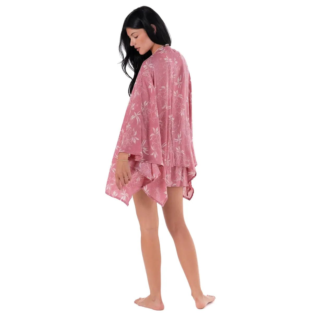 Pink Floral Three Quarter Butterfly Sleeve Kimono Cardigan by Lotus and Luna