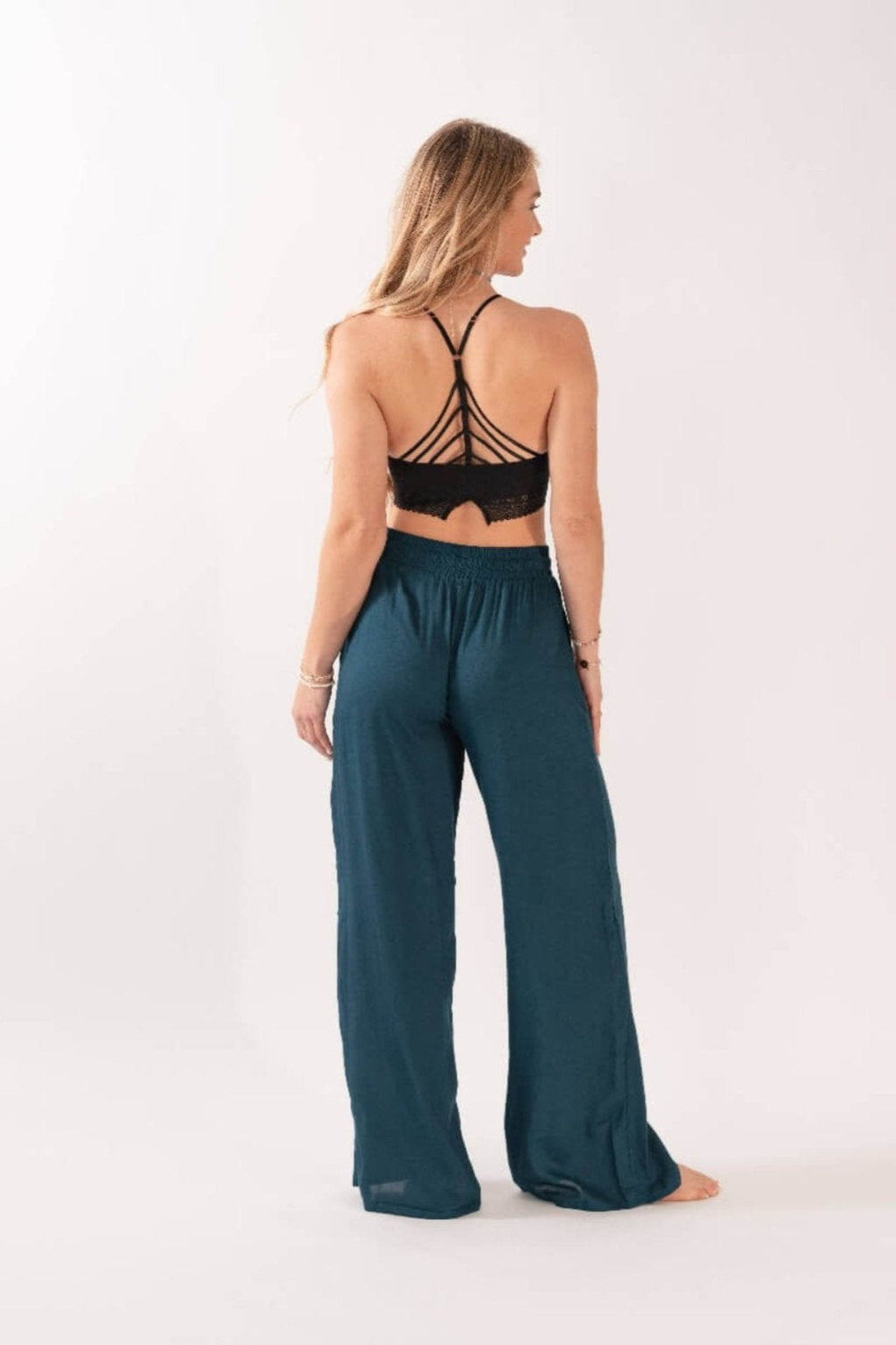 Lotus and Luna - Deep Teal Wide Leg Drawstring Pants - Size L - back view
