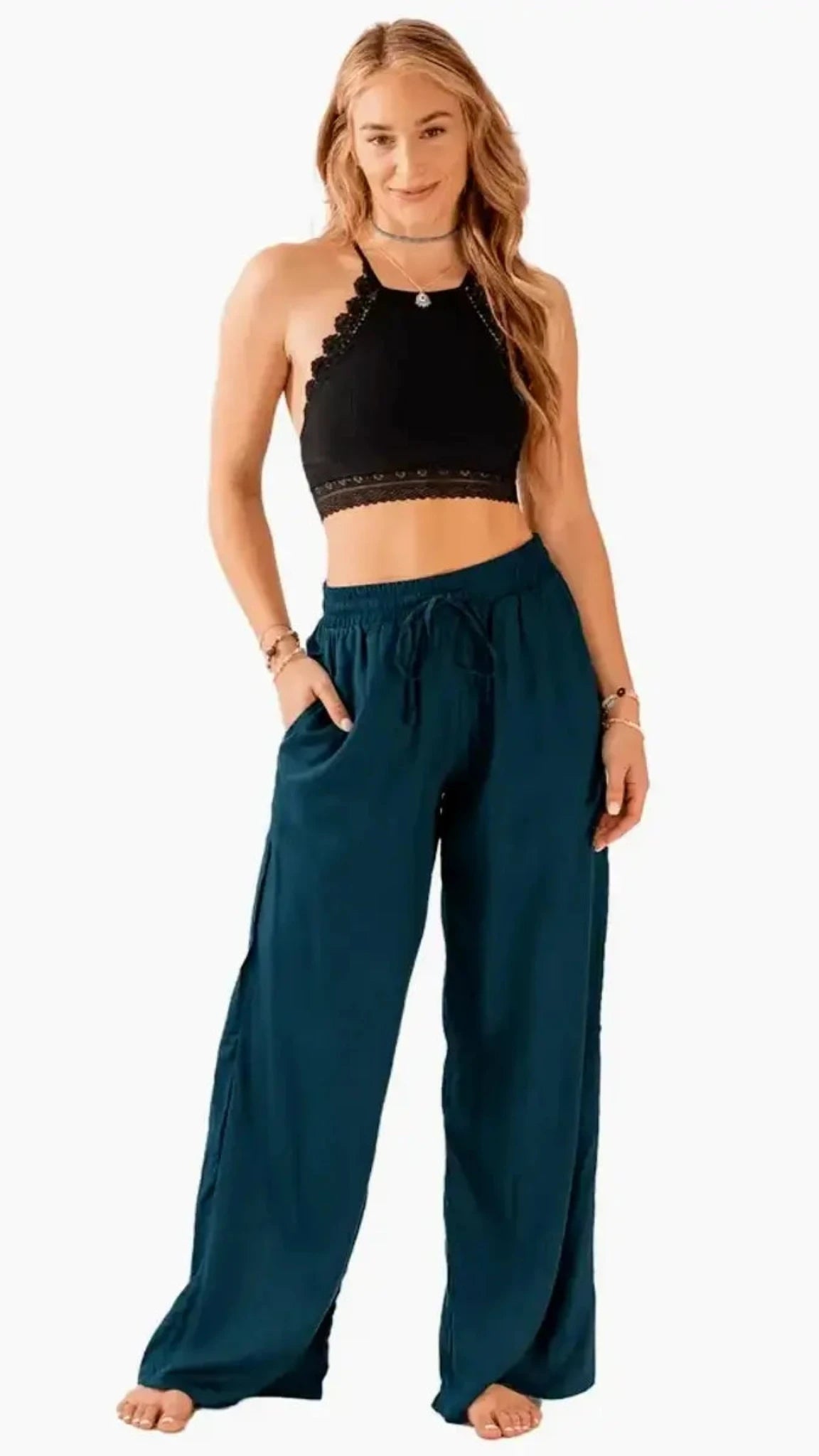 Lotus and Luna - Deep Teal Wide Leg Drawstring Pants - Size L