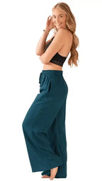 Lotus and Luna - Deep Teal Wide Leg Drawstring Pants - Size L - side view