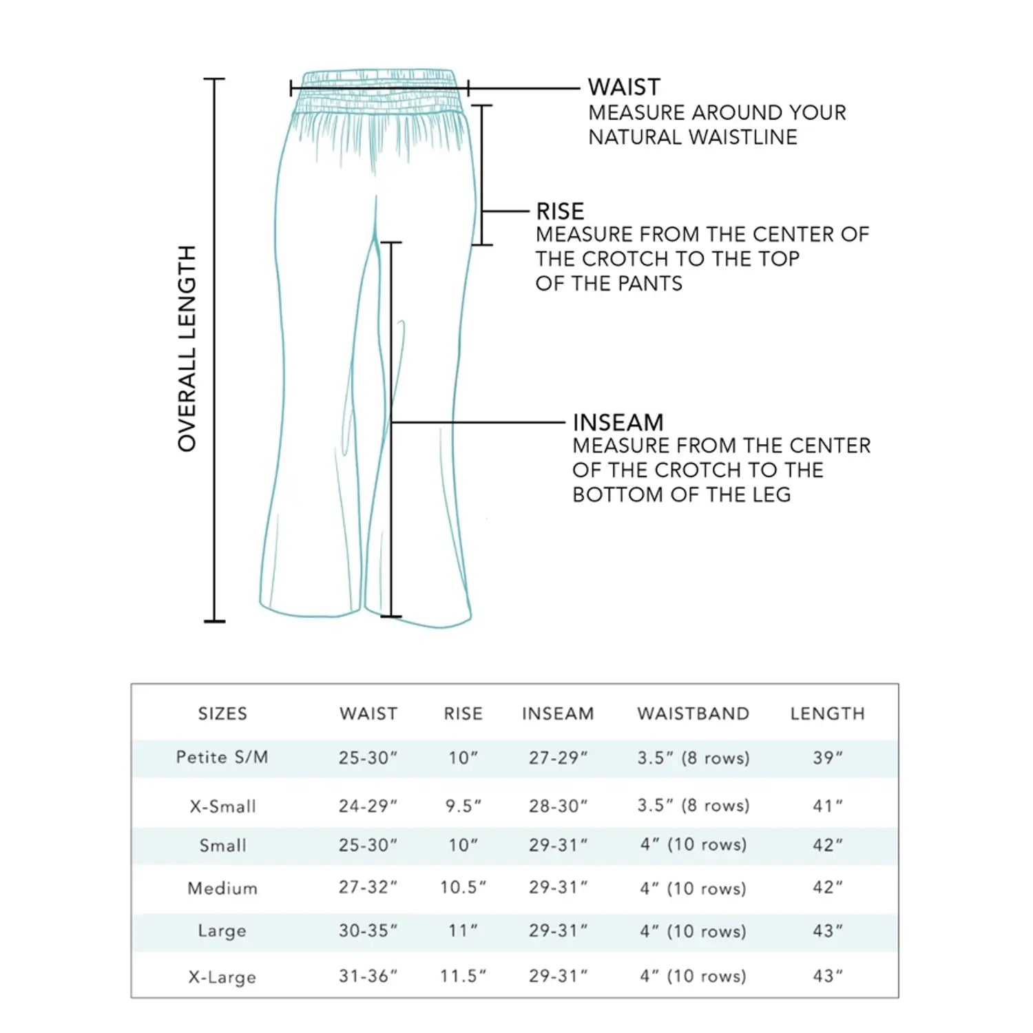 size chart for lotus and luna pants
