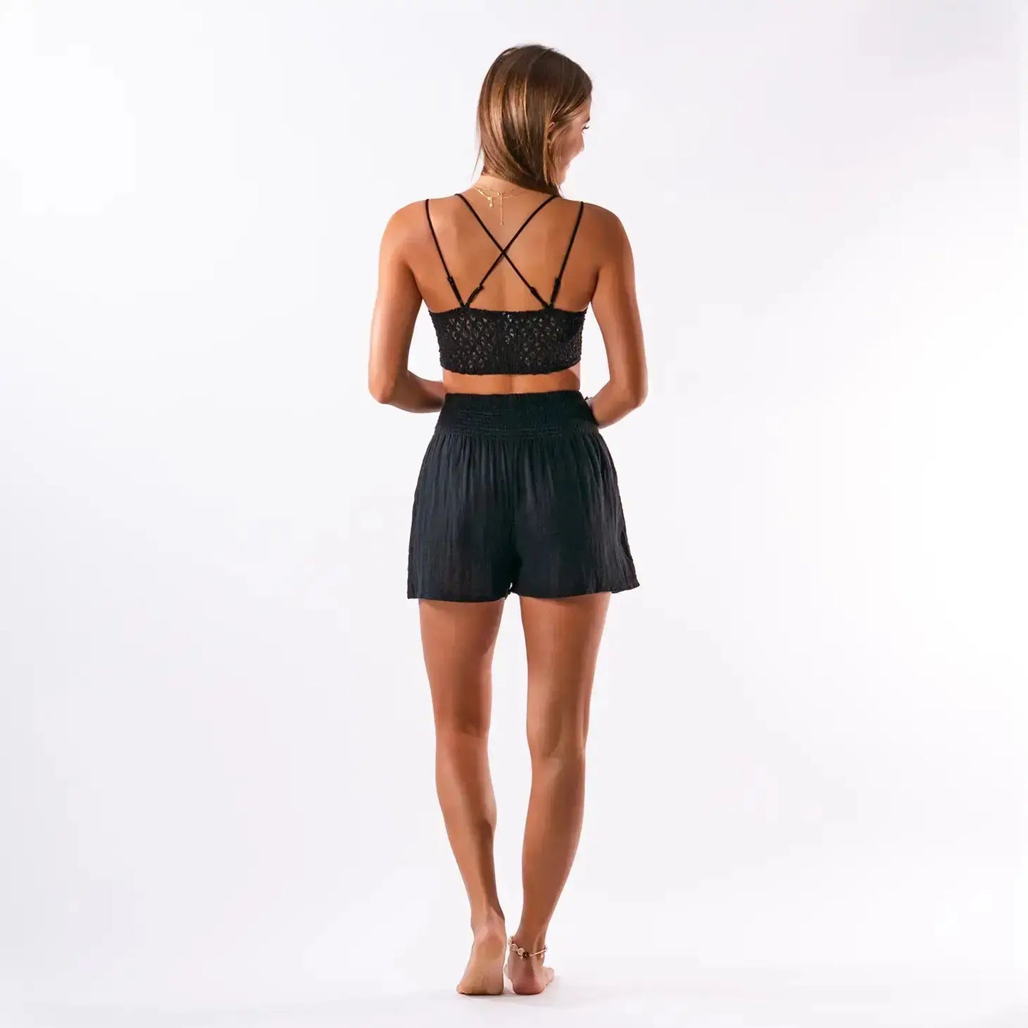 lotus and luna black cotton beach and lounge shorts - back view