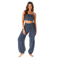 navy blue boho harem pants with a white tribal stripe design high rise pull-on waist and an elastic tapered ankle