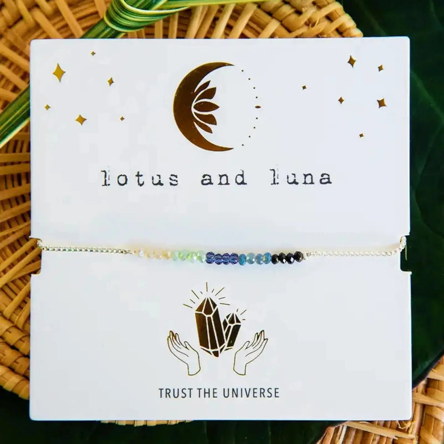 Lotus and Luna "Trust the Universe" Goddess Bracelet, silver adjustable Affirmation Bracelet with Crystals on Jewelry Bracelet