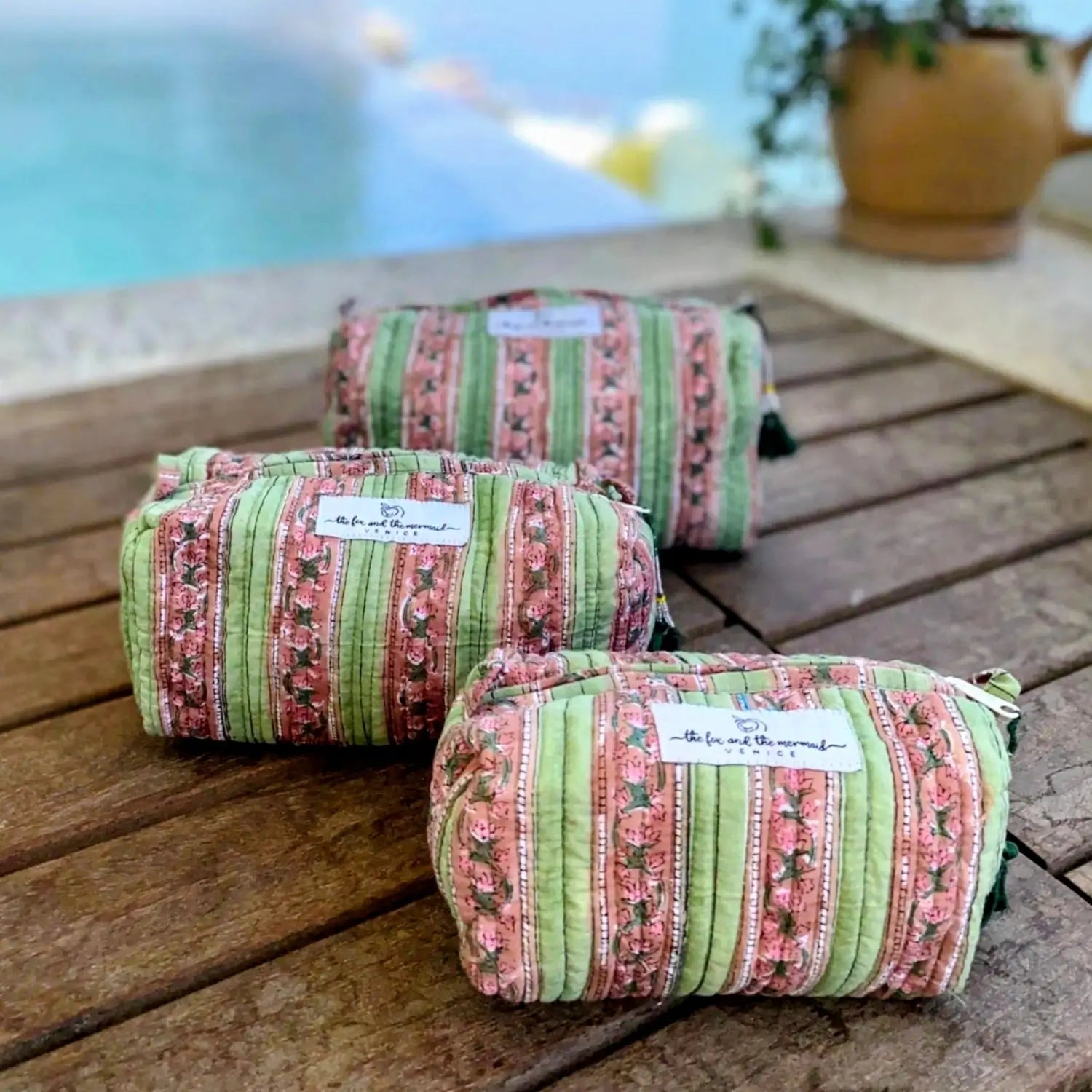 Pink and green floral printed quilted cotton toiletry Bags Set of 3