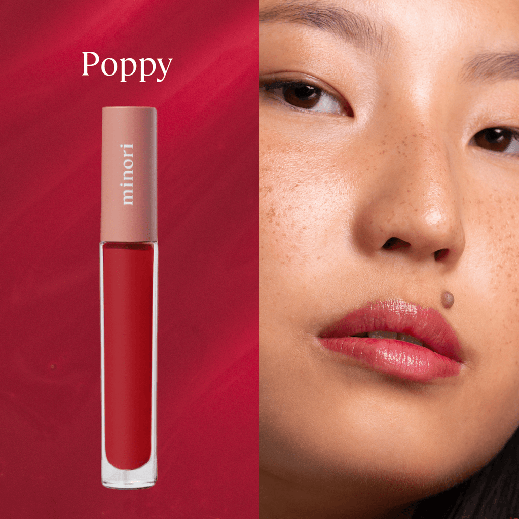 Poppy Red Lip Gloss Lip Gloss by Minori Beauty for a Glossy Red Lip Look, bold red lip makeup at Elle and Willow