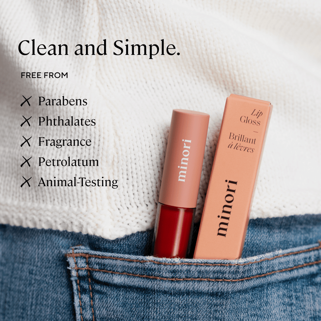 Poppy Red Lip Gloss by Minori sheer red lip gloss that is a clean beauty choice, vegan and plant-based ingredient features