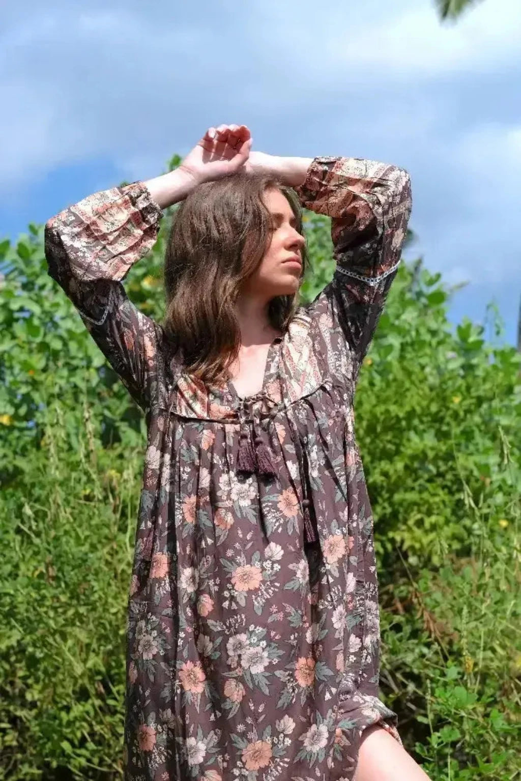 Mocha Brown & Pink Floral Long Sleeve Bohemian Midi Dress - The Fox and the Mermaid