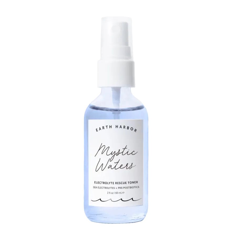 Bottle of Earth Harbor Mystic Waters electrolyte rescue toner on a white background