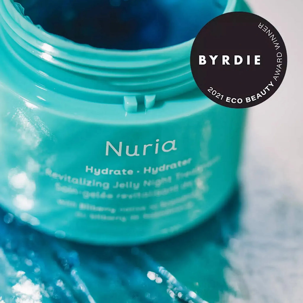 Nuria hydrating jelly night cream jar with Byrdie Eco Beauty Award badge