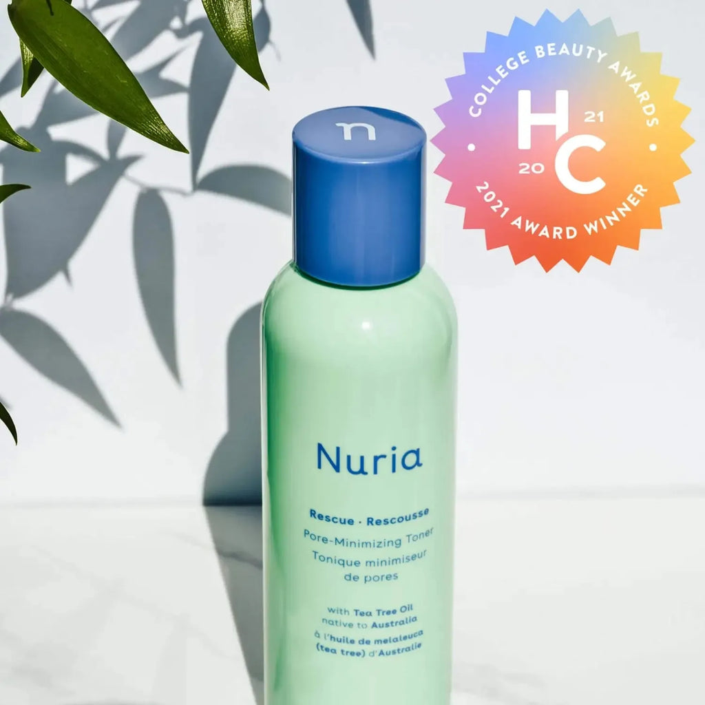 Nuria rescue pore minimizing toner bottle on a light background with College Beauty Awards 2021 Winner Badge