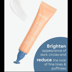 Nuria Beauty Eye Cream with text highlighting its ability to brighten dark circles and reduce fine lines and puffiness.