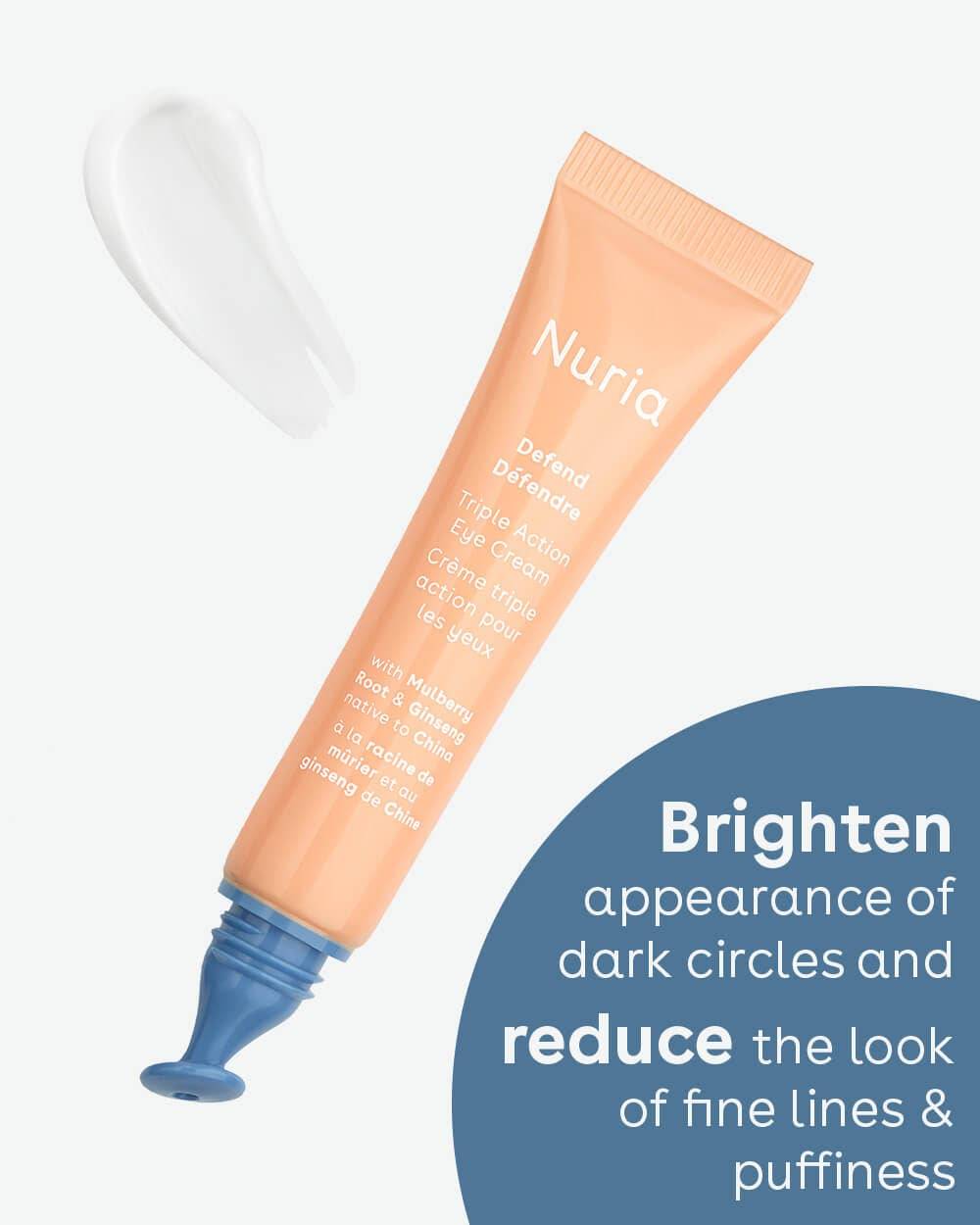 Nuria Eye Cream with text highlighting its ability to brighten dark circles and reduce fine lines and puffiness.