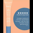 Nuria Beauty Eye Cream tube with a customer review praising its effectiveness in reducing dark circles and fine lines.