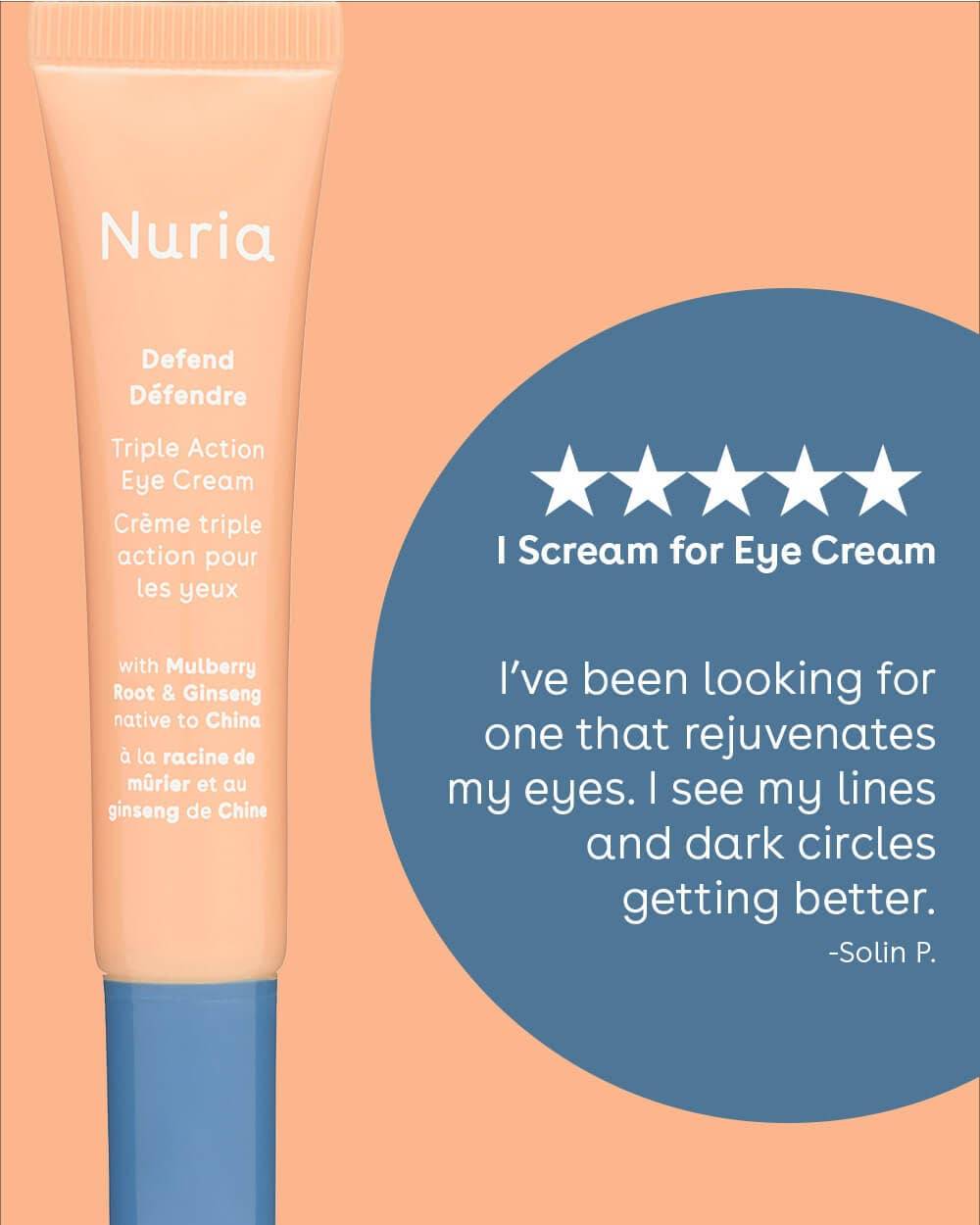 Nuria Eye Cream tube with a customer review praising its effectiveness in reducing dark circles and fine lines.