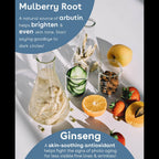 Mulberry Root and Ginseng ingredients with fruits and text emphasizing their brightening and anti-aging properties for eyes.