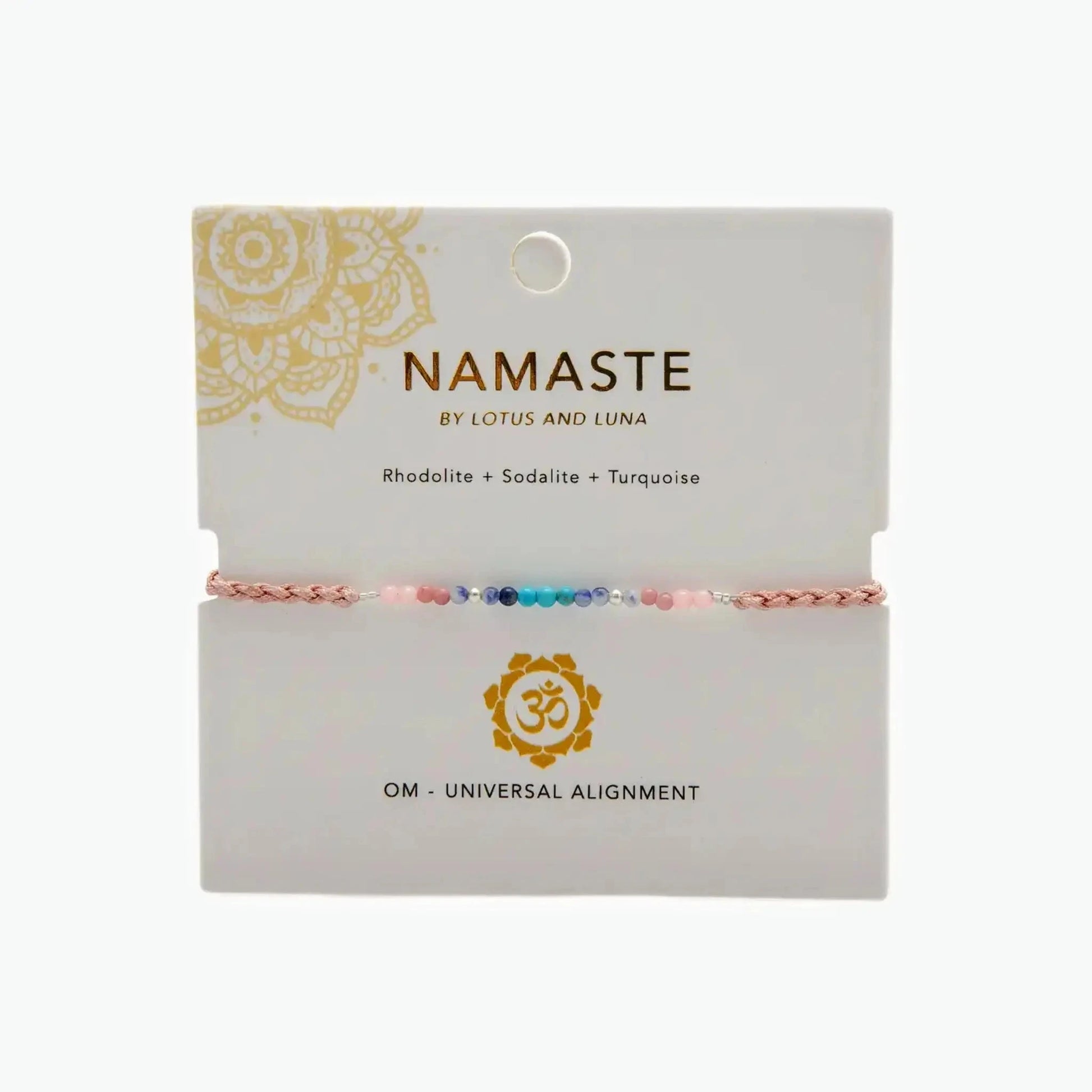 Om Mantra Bracelet - Gemstone Yoga Bracelet with rhodolite, sodalite, and turquoise beads on a pink adjustable cord. Promotes peace and balance.