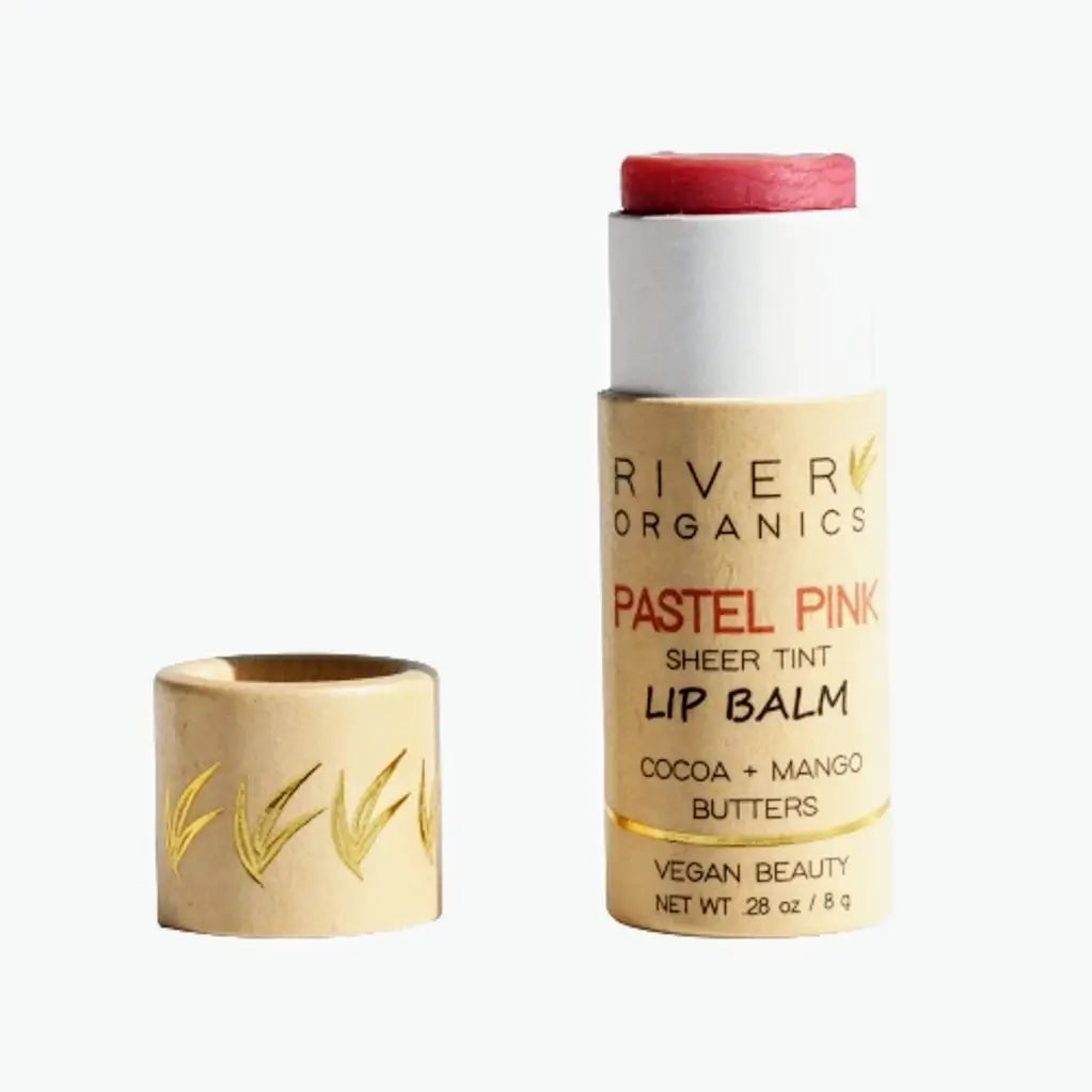 organic tinted lip balm in pastel pink color in a sustainable tube 