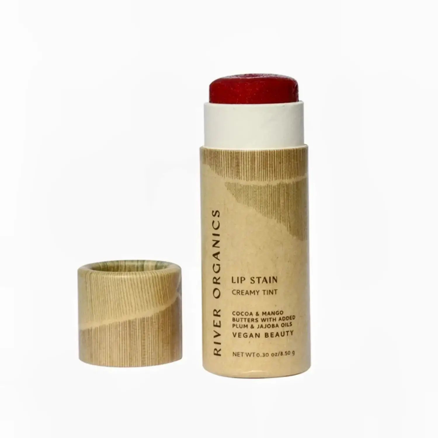 pomegranate red vegan lip stain in an eco-friendly paper tube by river organics