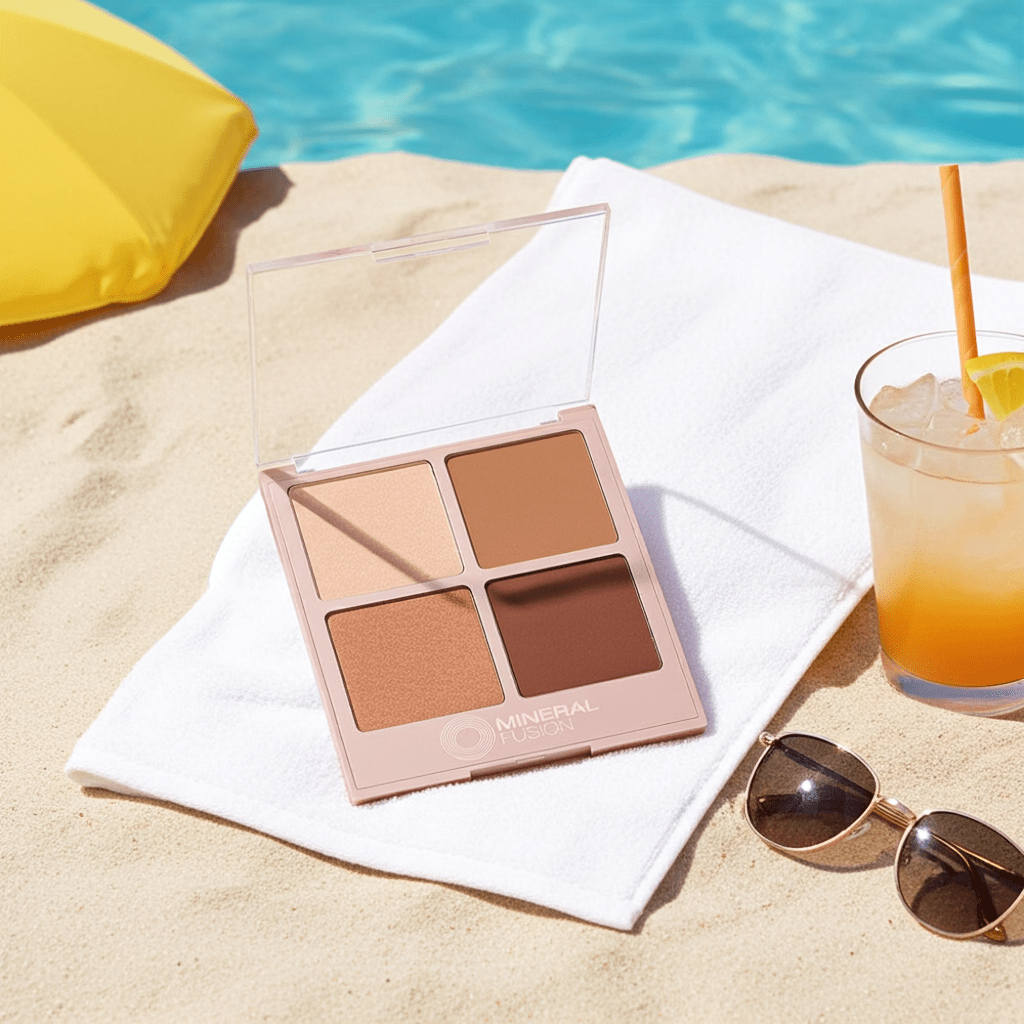 Makeup palette on a towel with sunglasses and a drink by a poolside