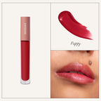 Poppy red lip gloss with 'minori' branding, lip gloss color swatch, and application on lips.
