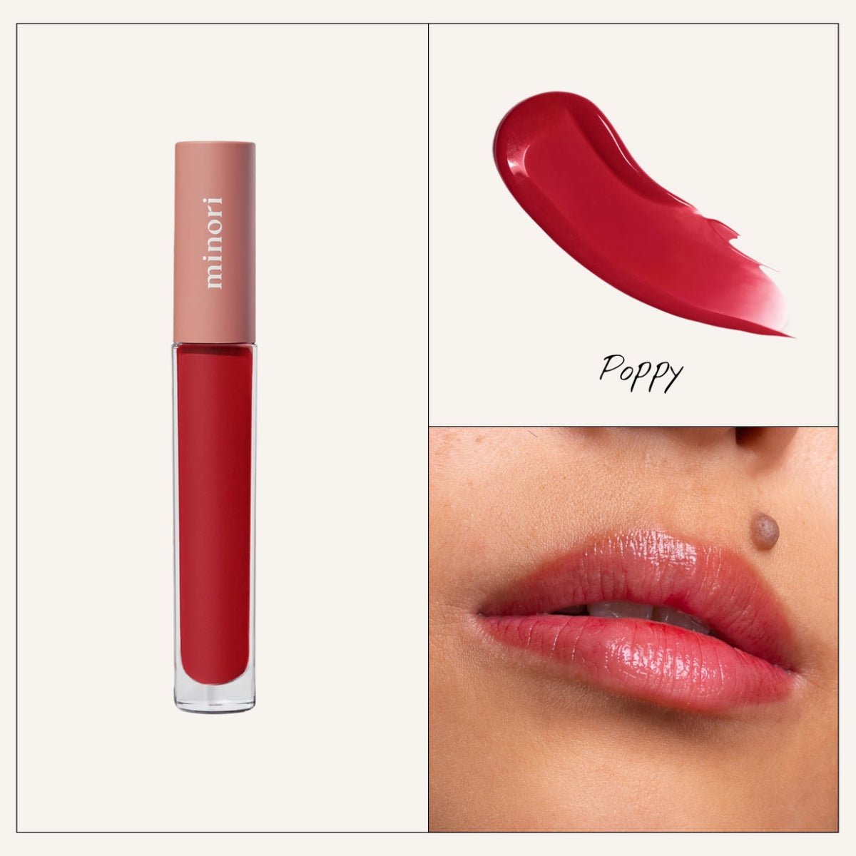 Poppy red lip gloss with 'minori' branding, swatch, and application on lips.