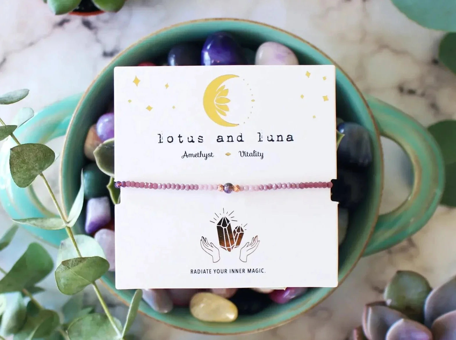 Purple Amethyst and Crystal Stone Goddess Bracelet from Lotus and Luna