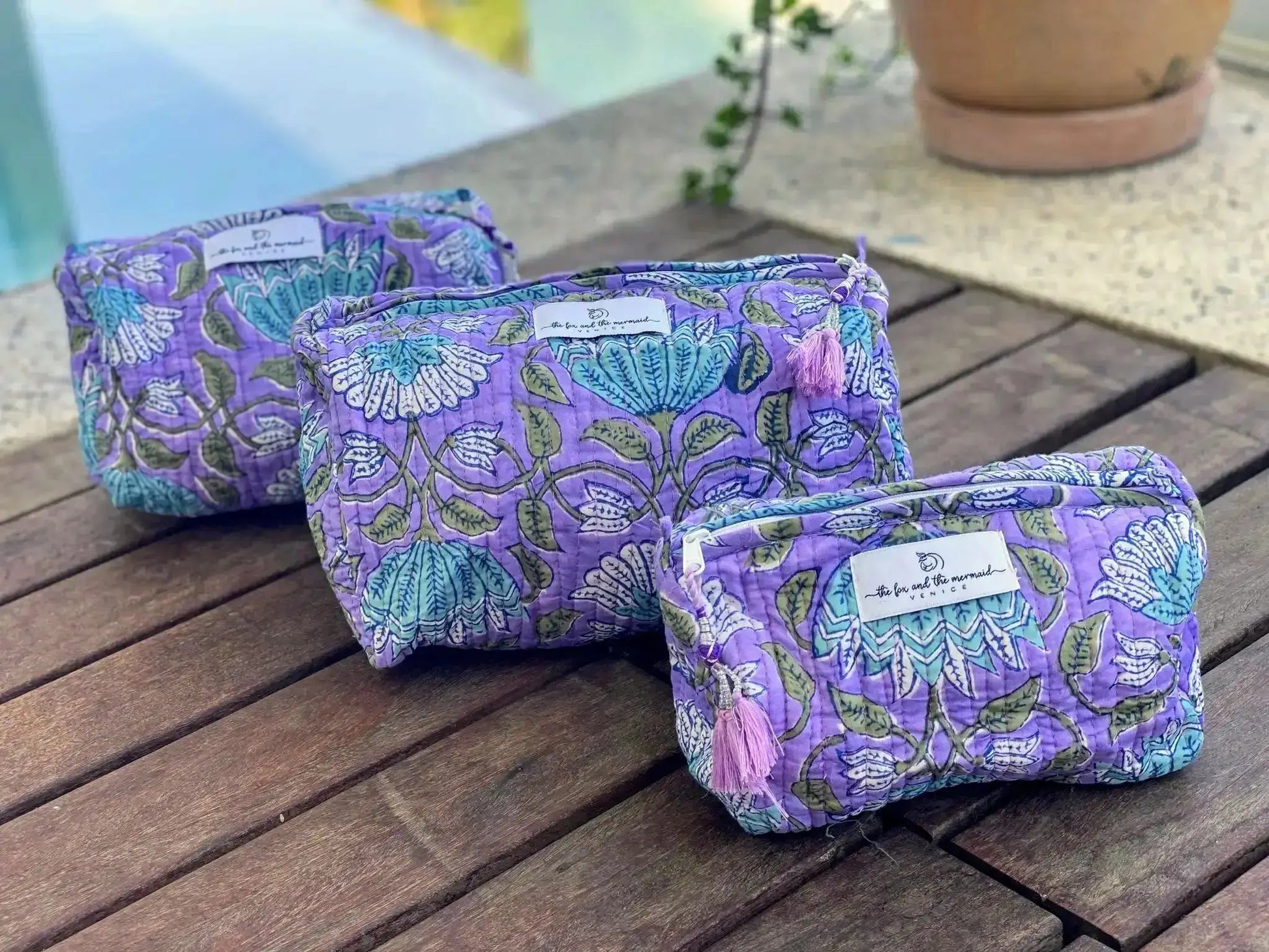 Block Print Toiletry & Cosmetic Bags Set of 3 - Lavender Purple Floral