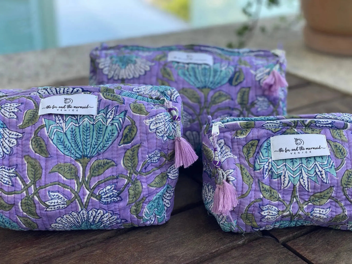 Block Print Toiletry & Cosmetic Bags Set of 3 - Lavender Purple Floral