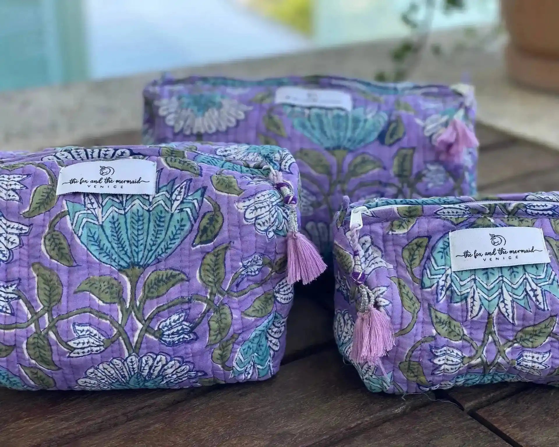 Block Print Toiletry & Cosmetic Bags Set of 3 - Lavender Purple Floral