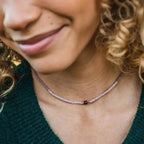 Boho-Chic Purple Amethyst Crystal Necklace, Gemstone & Crystal Necklace by Lotus and Luna, Bead Necklace worn by female model