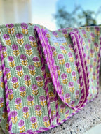 Quilted Floral Tote and Market Bag with double shoulder straps in pink, green and purple floral design.