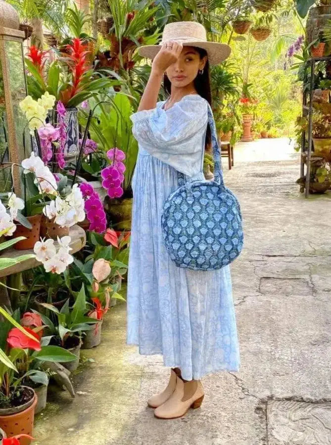 Block Printed Round Floral Handbag on Model