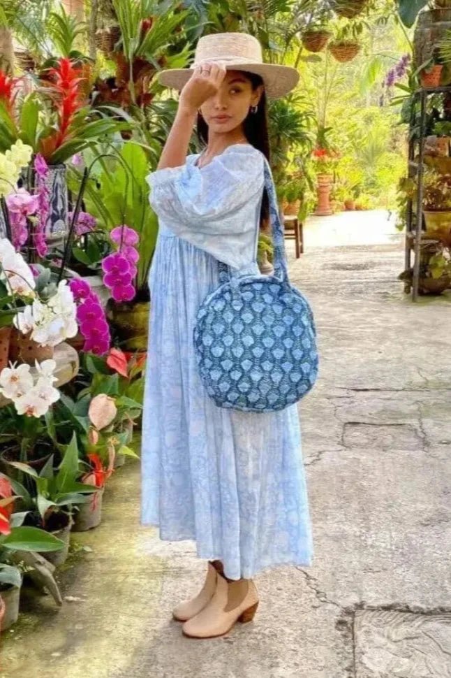 Block Printed Round Floral Handbag on Model